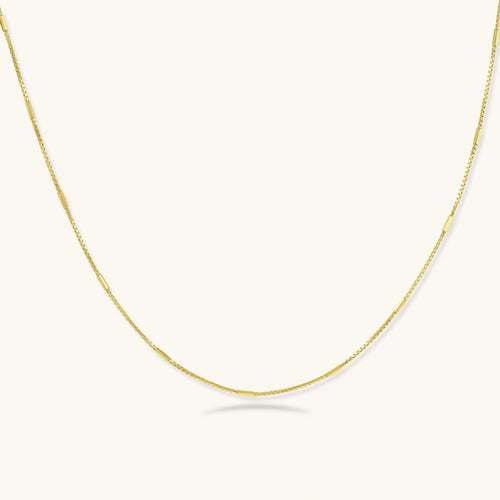 Delicate 14K gold-plated box chain necklace with evenly spaced bar links, shown flat on cream background.
