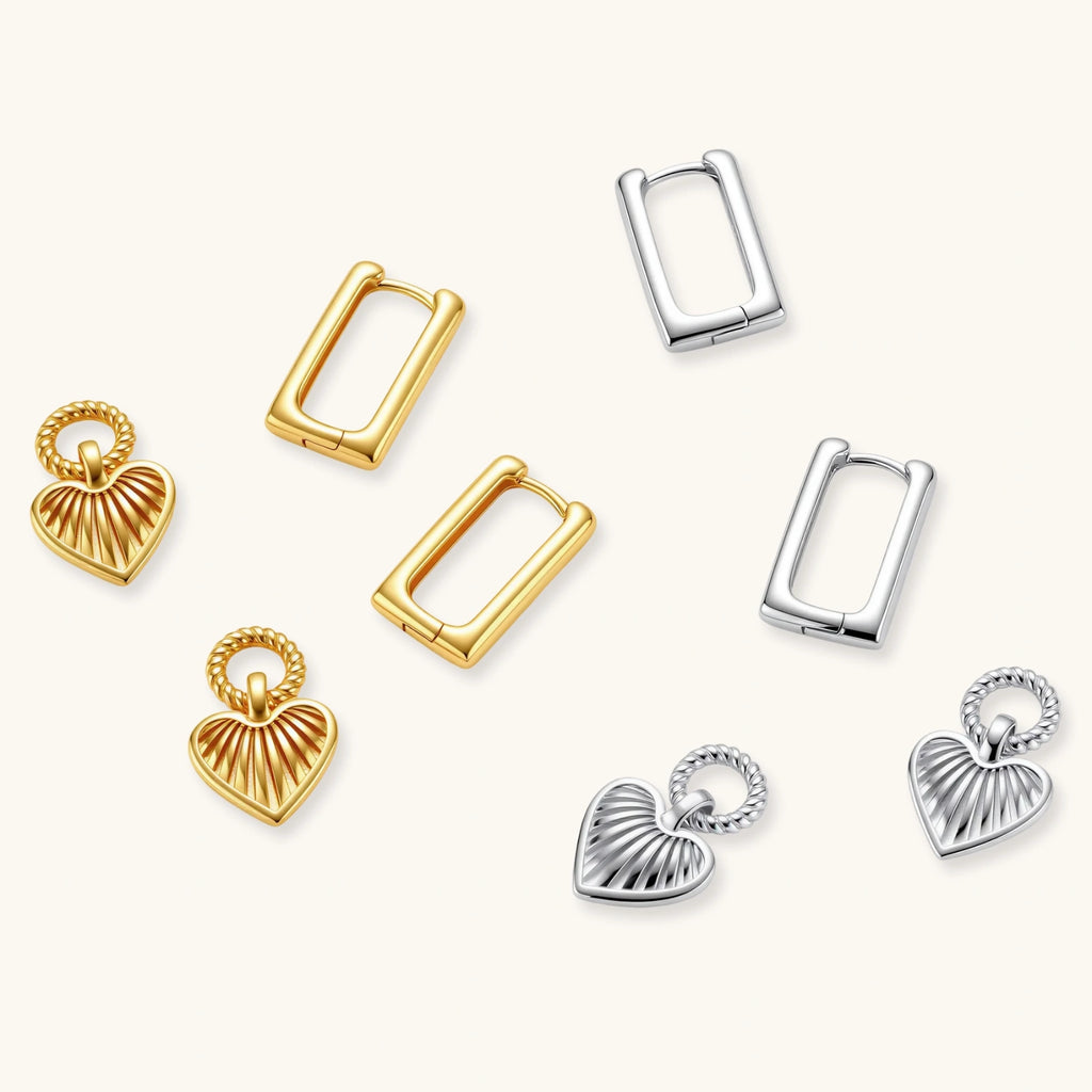 18K gold-plated rectangular huggie hoops with twisted rope ring and ribbed sunray heart charm pendant, on white background.