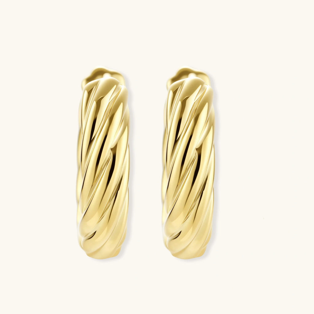 14K gold-plated twisted rope huggie hoop earrings with hinged closure on white background, showing textured surface detail